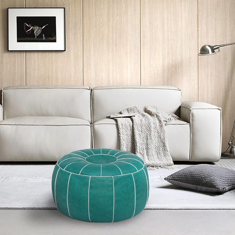 Thgonwid Unstuffed Moroccan Storage Pouf Foot Stool Ottoman Seat Handmade Faux Leather Bean Bag Floor Chair Foot Rest for Living Room, Bedroom or Balcony (Teal Blue) - Image 2